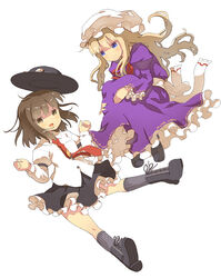  2girls bad_id bad_pixiv_id blonde_hair blue_eyes blunt_bangs boots brown_eyes brown_hair cross-laced_footwear dress falling full_body grey_legwear hat kneehighs long_hair maribel_hearn multiple_girls necktie ooide_chousuke photoshop_(medium) purple_dress short_hair simple_background skirt socks touhou unworn_hat unworn_headwear usami_renko white_background 