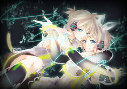  blonde_hair blue_eyes bow elbow_gloves gloves headphones kagamine_len kagamine_rin kintoke len_append music rin_append short_hair shorts thighhighs vocaloid 