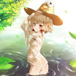  bad_id bad_pixiv_id blonde_hair bobomaster bottomless brown_eyes female hat lily_pad moriya_suwako petite photoshop_(medium) see-through short_hair solo standing touhou wading water wet wet_clothes 