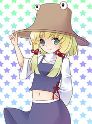  arm_behind_back bad_id bad_pixiv_id blonde_hair blue_eyes commentary_request female hair_ribbon hand_on_headwear hat hayabusa_koi high_collar long_sleeves looking_at_viewer midriff moriya_suwako navel photoshop_(medium) ribbon short_hair sidelocks skirt skirt_set smile solo star_(symbol) starry_background touhou 