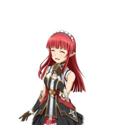  brown_gloves closed_eyes elf female gloves hime_cut long_hair maid official_art open_mouth pointy_ears rain_(sao) red_hair red_shorts shiny_skin shorts sleeveless smile solo standing sword_art_online sword_art_online:_code_register transparent_background 