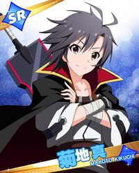  antenna_hair black_eyes black_hair blazblue cape card_(medium) collarbone commentary_request cosplay female hand_wraps idolmaster idolmaster_(classic) jabara_tornado kagura_mutsuki kagura_mutsuki_(cosplay) kikuchi_makoto looking_at_viewer parody short_hair smile solo sword weapon 