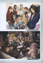  6+boys 6+girls ;) absurdres altair_(granblue_fantasy) alternate_costume aqua_eyes bare_shoulders baseball_cap beanie between_breasts black_hair blonde_hair blowing_bubbles blue_eyes braid breasts brown_hair cagliostro_(granblue_fantasy) card casual charlotta_(granblue_fantasy) chewing_gum clarisse_(granblue_fantasy) cleavage collarbone contemporary couch crossed_legs crown_braid draph dress elbow_gloves elmott erune eyepatch fishnet_legwear fishnets glasses gloves granblue_fantasy grin hand_in_own_hair hands_in_pockets harvin hat high_heels highres hood hoodie horns jewelry lancelot_(granblue_fantasy) large_breasts long_hair minaba_hideo multiple_boys multiple_girls narmaya_(granblue_fantasy) necktie non-web_source official_art one_eye_closed orange_hair pants pantyhose parted_lips percival_(granblue_fantasy) photoshop_(medium) pink_hair ponytail red_eyes red_hair scan siegfried_(granblue_fantasy) sitting smile tall_crown tanya_(granblue_fantasy) vane_(granblue_fantasy) zeta_(granblue_fantasy) 