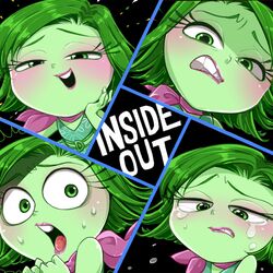  1:1 blush bodily_fluids disgust disgust_(inside_out) disney english_text female green_body green_eyes green_hair green_skin hair inside_out lips looking_at_viewer not_furry open_mouth pink_lips pixar scarf solo sweat tears text unknown_artist 