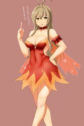  ahoge amagi_brilliant_park bare_shoulders breasts brown_eyes brown_hair choker cleavage commentary_request cosplay covered_navel female finalcake highres large_breasts long_hair salama_(amaburi) salama_(amaburi)_(cosplay) sento_isuzu skirt solo standing translated 