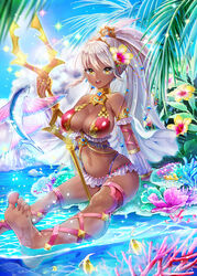  :d ankle_lace-up arm_support armband bare_shoulders barefoot bikini breasts cleavage collar commentary_request cross-laced_footwear dark-skinned_female dark_skin feet female fish flower groin hair_flower hair_ornament halterneck hibiscus highres large_breasts long_hair looking_at_viewer navel open_mouth original photoshop_(medium) ponytail round_teeth sidelocks silver_hair sitting skindentation smile soaking_feet soles solo staff swimsuit tamaki_mitsune teeth tiara toes tsurime very_long_hair water wet wide_hips yellow_eyes 