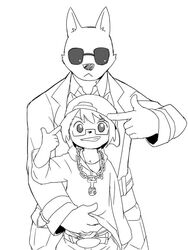  2015 :&lt; age_difference anthro baseball_cap black_and_white canid canine canis chains clothed clothing clothing_lift costume digital_drawing_(artwork) digital_media_(artwork) domestic_cat dress_shirt duo eyewear felid feline felis gangsta glasses grin hat headgear headwear hoodie jewelry kemono looking_at_viewer male mammal manmosu_marimo monochrome pose shirt shirt_lift shota_feline_(marimo) size_difference smile standing sunglasses topwear white_canine_(marimo) wolf young 