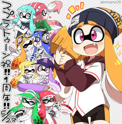  6+girls :d aerospray_(splatoon) anniversary baseball_cap bike_shorts blue_eyes blush commentary_request eromame goggles goggles_on_head green_eyes grin hat headphones heart hood hooded_jacket inkbrush_(splatoon) inkling inkling_girl inkling_player_character jacket mini_splatling_(splatoon) multiple_girls oerba_yun_fang open_mouth paintbrush pink_eyes purple_eyes red_eyes slosher_(splatoon) smile splat_roller_(splatoon) splatoon_(series) splatoon_1 splattershot_(splatoon) splattershot_jr_(splatoon) squiffer_(splatoon) tentacle_hair translated visor_cap water_gun yellow_eyes 