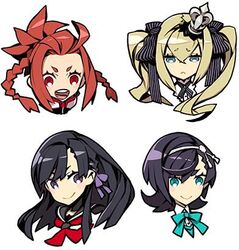  4girls 7th_dragon_(series) 7th_dragon_2020 7th_dragon_iii black_eyes black_hair blonde_hair chelsea_(7th_dragon) commentary_request destroyer_(7th_dragon_2020) green_eyes hacker_(7th_dragon) katanako lowres miwa_shirow multiple_girls nishimura_haru_(7th_dragon) red_eyes red_hair samurai_(7th_dragon_series) twintails yaiba_(7th_dragon_iii) 