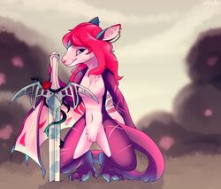  anthro bat conditional_dnp digital_media_(artwork) ear_piercing elvche female flower long_tail mammal melee_weapon nyxis piercing plant rose_(flower) sword tail weapon wings 