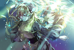  air_bubble black_dress blonde_hair breasts bubble caustics chinese_clothes chinese_commentary commentary dress female hair_between_eyes hat highres hip_focus junko_(touhou) kagari6496 large_breasts long_hair long_sleeves looking_down parted_lips red_eyes ribbon solo submerged tabard touhou underwater upper_body very_long_hair wide_sleeves 