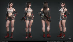  3d belt black_hair blair_armitage breasts brown_eyes cleavage commentary_request crop_top dirty elbow_gloves female final_fantasy final_fantasy_vii fingerless_gloves gloves highres looking_at_viewer midriff multiple_views navel realistic redesign skirt suspenders tank_top tifa_lockhart 