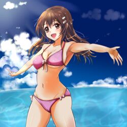  bikini brown_hair commentary_request female front-tie_top hair_ornament hairclip highres long_hair niimi_haruka_(photokano) open_mouth outstretched_arms photokano pink_bikini red_eyes side-tie_bikini_bottom smile solo swimsuit tranquilizer_(bestcenter) water 