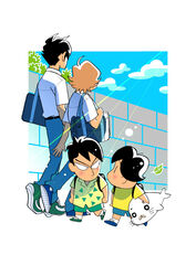  4boys aged_up ahoge anan_sugao ashiya_ashibe backpack bag black_hair blue_sky brown_hair cloud commentary_request dual_persona goma-chan highres leaf looking_at_another male_focus multiple_boys official_art randoseru school_uniform seal_(animal) seishounen_ashibe shirt shoes shopping_bag short_hair shorts shounen_ashibe sky sneakers syoooheeei t-shirt walking yellow_shirt |_| 