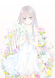  blush collarbone commentary_request dress female floral_background flower grey_eyes hair_between_eyes highres holding holding_flower kurokawa_(silve) lily_(flower) long_hair off-shoulder_dress off_shoulder original silver_hair simple_background sleeveless sleeveless_dress smile solo standing very_long_hair white_background white_dress white_flower white_lily 