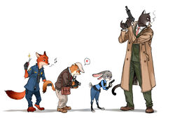  2016 allamp anthro belt black_body black_fur blacksad bottomwear canid canine clothed clothing coat disney domestic_cat felid feline felis female footwear fox fur grey_body grey_fur group gun handgun heart_symbol hi_res jacket john_blacksad judy_hopps lagomorph least_weasel leporid male mammal multicolored_body multicolored_fur musical_note mustelid musteline necktie nick_wilde pants police police_uniform rabbit ranged_weapon shirt shoes simple_background tongue tongue_out topwear true_musteline uniform weapon weasel weekly zootopia 