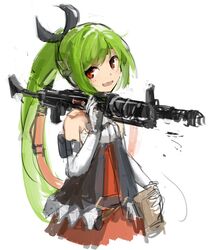  aat-52_(girls&#039;_frontline) blush cowboy_shot elbow_gloves female girls&#039;_frontline gloves green_hair gun long_hair machine_gun over_shoulder photoshop_(medium) ponytail red_eyes smile solo unitsu weapon 