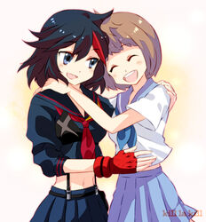  2girls black_hair blue_eyes blue_skirt brown_hair commentary_request gloves hug kill_la_kill mankanshoku_mako matoi_ryuuko multiple_girls school_uniform senketsu short_hair skirt smile su_(pixiv44447) 