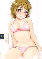  ankoiri bikini blush breasts brown_hair cleavage commentary_request cowboy_shot female koizumi_hanayo looking_at_viewer love_live! love_live!_school_idol_project medium_breasts midriff navel open_mouth pink_bikini purple_eyes short_hair sitting solo swimsuit thermostat 