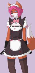  2017 absurd_res anthro blush canid canine clothed clothing cosplay crossdressing femboy fox hi_res jaxfenrir legwear maid_uniform male mammal minila red_blush simple_background solo stockings uniform 