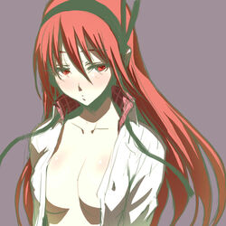  akame_ga_kill! blush breasts chelsea_(akame_ga_kill!) collarbone commentary_request covered_nipples female hair_ornament headphones large_breasts long_hair looking_down no_bra open_clothes open_shirt red_eyes red_hair shirt simple_background solo tekuteku_(yuuhodou) 