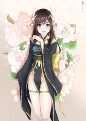  absurdres alternate_costume asashio_(kancolle) black_hair black_kimono blue_eyes clothes_between_thighs commentary_request cosplay dated dragon_horns fate/grand_order fate_(series) female floral_background hair_between_eyes highres horns japanese_clothes kantai_collection kimono kiyohime_(fate) kiyohime_(fate)_(cosplay) kiyohime_(third_ascension)_(fate) kiyohime_(third_ascension)_(fate)_(cosplay) kuriko long_hair looking_at_viewer obi oerba_yun_fang open_mouth pelvic_curtain sash short_kimono solo thighhighs white_thighhighs wide_sleeves 