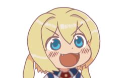  4chan :3 :d aqua_eyes bad_source blonde_hair blue_eyes blush blush_stickers chibi commentary dot_nose drawfag english_commentary eyebrows fangs female frederica_irving gyate_gyate hair_between_eyes hair_intakes jaggy_lines long_hair meme millenom open_mouth sekaiju_no_meikyuu shin_sekaiju_no_meikyuu smile solo teeth transparent_background v-shaped_eyebrows 