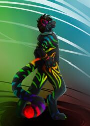  2015 5_fingers abstract_background anthro ass biped black_body black_fur black_hair black_tail bloodsoakedsnow cheek_tuft chest_tuft claws collar facial_tuft felid fingers full-length_portrait fur green_eyes green_nose hair hand_on_hip hi_res inner_ear_fluff looking_away looking_up male mammal multicolored_body multicolored_fur multicolored_tail nude pantherine portrait rainbow_body rainbow_fur rainbow_tail short_hair side_view smile solo sparklefur standing striped_body striped_fur stripes tail tiger tuft whiskers 