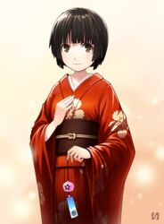  bell black_hair brown_eyes commentary_request female hand_on_own_chest highres hoshijiro_shizuka japanese_clothes kimono red_kimono short_hair sidonia_no_kishi smile solo yukata zokujin_kisshou 