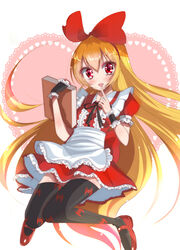  animal_print apron bad_id bad_pixiv_id bat_print blonde_hair book bow dokidoki!_precure dress female hair_ribbon hairbow haru_(nature_life) heart long_hair looking_at_viewer maid open_mouth precure print_thighhighs puffy_sleeves red_eyes regina_(dokidoki!_precure) ribbon smile solo thighhighs very_long_hair wrist_cuffs 