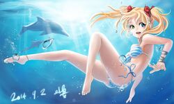  air_bubble anklet ass barefoot bikini blonde_hair blue_eyes breasts breath bubble commentary_request dated diving dolphin feet female freediving highres holding_breath jewelry long_hair medium_breasts mhg_(hellma) original ribbon side-tie_bikini_bottom signature solo striped_bikini striped_clothes swimming swimsuit twintails underboob underwater wrist_ribbon 