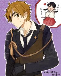  1boy brown_eyes brown_hair character_name commentary_request cosplay eyepatch female female_saniwa_(touken_ranbu) formal gloves gun_sling inset japanese_clothes kitashirakawa_tamako miko momose_(oqo) necktie ooji_mochizou rope saniwa_(touken_ranbu) shokudaikiri_mitsutada shokudaikiri_mitsutada_(cosplay) short_hair suit tamako_market touken_ranbu 