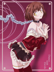  black_skirt blush bra breasts brown_hair chains cleavage clothes_pull collar commentary_request copyright_name cowboy_shot dance_with_devils female frilled_bra frilled_skirt frills from_side kikuchi_tsutomu large_breasts leaning_forward long_sleeves looking_at_viewer miniskirt photoshop_(medium) red_shirt red_thighhighs shirt shirt_pull short_hair skirt solo standing strap_slip tachibana_ritsuka thighhighs underwear white_bra yellow_eyes 