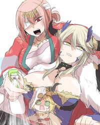  3girls aged_down artoria_pendragon_(fate) artoria_pendragon_(lancer_alter)_(fate) artoria_pendragon_(lancer_alter)_(ox-demon_king)_(fate) bandage_over_one_eye blonde_hair bottle breasts chinese_clothes commentary_request fate/grand_order fate_(series) florence_nightingale_(divine_princess_of_the_storm)_(fate) florence_nightingale_(fate) green_eyes hair_between_eyes hanfu horns large_breasts long_hair mita_(matsuri68) mordred_(fate) mordred_(fate/apocrypha) mordred_(true_samadhi_fire)_(fate) multiple_girls open_mouth pink_hair red_eyes shaded_face spray_bottle sweat upper_body white_background yellow_eyes 