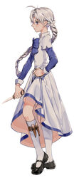  ahoge bad_id bad_pixiv_id belt black_footwear blue_eyes blue_sleeves bow braid brown_belt children_of_the_rune closed_mouth commentary_request dagger dress female from_side full_body grey_hair hair_between_eyes hands_on_own_hips highres holding holding_dagger holding_knife holding_weapon knee_strap kneehighs knife large_bow layered_sleeves long_dress long_hair long_sleeves mary_janes myoushun nayatrei photoshop_(medium) profile sheath sheathed shoes short_over_long_sleeves short_sleeves simple_background single_braid skirt_hold socks solo standing strap very_long_hair weapon white_background white_dress white_socks 