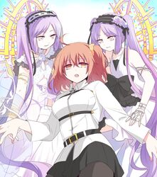  3girls ahoge bare_shoulders black_pantyhose black_skirt chaldea_uniform commentary_request dress empty_eyes euryale_(fate) euryale_(third_ascension)_(fate) fate/grand_order fate_(series) fujimaru_ritsuka_(female) girl_sandwich hair_ornament hair_scrunchie hairband halo lolita_hairband long_sleeves looking_at_another looking_at_viewer medium_hair mita_(matsuri68) multiple_girls open_mouth orange_eyes orange_hair orange_scrunchie pantyhose purple_hair sandwiched scrunchie shirt siblings side_ponytail sisters skirt stheno_(fate) stheno_(third_ascension)_(fate) twintails veil white_dress white_shirt 