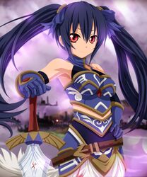  absurdres armor bare_shoulders black_hair breasts commentary derivative_work english_commentary female hair_ornament hair_ribbon highres long_hair medium_breasts neptune_(series) noire_(neptunia) planeptune red_eyes ribbon solo sword twintails weapon 