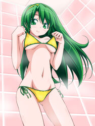  adjusting_clothes adjusting_swimsuit bikini blush commentary_request female green_eyes green_hair hairband halterneck kikuchi_tsutomu long_hair looking_at_viewer navel photoshop_(medium) shoko_(super_real_mahjong) side-tie_bikini_bottom solo standing string_bikini super_real_mahjong swimsuit yellow_bikini 