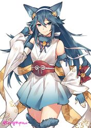  animal_ears blue_eyes blue_hair cat_ears cat_tail commentary cosplay earrings english_commentary female fire_emblem fire_emblem_awakening fire_emblem_fates fire_emblem_heroes ge-b japanese_clothes jewelry long_hair looking_at_viewer lucina_(fire_emblem) multiple_tails nekomata sakura_(fire_emblem) sakura_(halloween)_(fire_emblem) single_earring smile solo standing tail tiara two_tails 