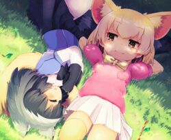  2girls animal_ears black_hair blonde_hair blush bow bowtie check_commentary closed_eyes commentary commentary_request common_raccoon_(kemono_friends) day fennec_(kemono_friends) fox_ears fox_tail gradient_hair grass grey_hair half-closed_eyes kemono_friends lying multicolored_hair multiple_girls on_back on_side outdoors pantyhose pleated_skirt raccoon_ears raccoon_tail saebashi short_hair skirt smile tail tail_pillow thighhighs two-tone_hair white_legwear zettai_ryouiki 