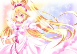  aida_mana bad_id bad_pixiv_id bare_shoulders blonde_hair bow brooch choker cure_heart cure_heart_(engage_mode) curly_hair dokidoki!_precure dress earrings female frills gloves hair_ornament half_updo heart heart_brooch heart_hair_ornament high_ponytail highres jewelry long_hair magical_girl outstretched_hand pink_bow pink_eyes ponytail precure rainbow_background ribbon smile solo strapless strapless_dress veil wide_ponytail yayayoruyoru 