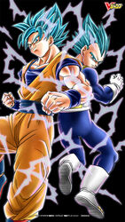  2boys back-to-back black_background blue_eyes blue_hair boots clenched_hands closed_mouth dougi dragon_ball dragon_ball_super fighting_stance frown gloves highres logo looking_at_viewer looking_back male_focus multiple_boys official_art saiyan_armor serious short_hair simple_background smile son_goku spiked_hair super_saiyan super_saiyan_blue toyotarou vegeta white_footwear 