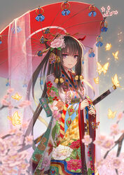  absurdres bell black_hair bug butterfly cherry_blossoms chinese_commentary commentary_request female floral_print flower hair_bell hair_flower hair_ornament highres japanese_clothes kanzashi kimono long_hair long_sleeves luoxuan_jingjie_xian mole mole_under_eye musyne_xsk obi oil-paper_umbrella oiran original photoshop_(medium) pink_eyes sash shawl solo umbrella very_long_hair wide_sleeves 