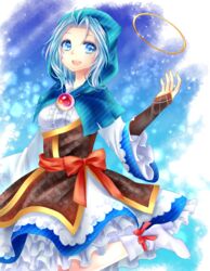  :d ankle_boots bad_id bad_pixiv_id blue_background blue_eyes blue_hair boots bridal_gauntlets brooch female footwear_ribbon frilled_skirt frills glint gradient_background high_heel_boots high_heels highres hood hoop jewelry kesa kumoi_ichirin kuyuru_(vocalo520) long_sleeves looking_at_viewer open_mouth petticoat ribbon sash shippou_(pattern) short_hair skirt smile solo touhou weapon 