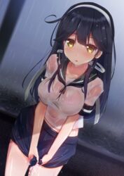  ahoge black_hair blush breasts brown_eyes collarbone commentary_request cowboy_shot cuon_(kuon) dripping dutch_angle female kantai_collection large_breasts long_hair looking_at_viewer midriff miniskirt open_mouth rain school_uniform see-through serafuku short_sleeves skirt solo ushio_(kancolle) wet wet_clothes wringing_clothes wringing_skirt 