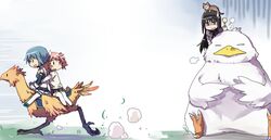  3girls afterimage akemi_homura akemi_homura_(magical_girl) animal animal_on_head bad_id bad_pixiv_id black_hair blue_hair cape cat_on_head chocobo crossover fat fat_chocobo feline final_fantasy hair_ribbon hairband kaname_madoka long_hair looking_at_another looking_back looking_down magical_girl mahou_shoujo_madoka_magica mahou_shoujo_madoka_magica_(anime) miki_sayaka miki_sayaka_(magical_girl) mitakihara_school_uniform multiple_girls multiple_riders on_head pink_hair ribbon riding saddle school_uniform short_hair short_twintails sidesaddle sweatdrop thighhighs twintails yoplait zettai_ryouiki |_| 