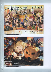  6+girls absurdres animal_ears augusta_(granblue_fantasy) beer_mug black_theme blonde_hair blush breasts brown_hair cecile_(granblue_fantasy) cleavage confetti cup draph dress elbow_gloves erune food glass gloves granblue_fantasy hair_ornament hairband halloween harvin hat highres holding holding_cup horns medium_breasts minaba_hideo mug multiple_girls non-web_source novei_(granblue_fantasy) official_art pamela_(granblue_fantasy) photoshop_(medium) pointy_ears pumpkin red_hair robertina_(granblue_fantasy) scan sleeveless smile vaseraga witch_hat zeta_(granblue_fantasy) zeta_(halloween)_(granblue_fantasy) 