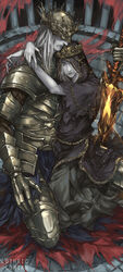  2boys armor brothers capelet character_name commentary dark_souls_(series) dark_souls_iii dkaki english_commentary fire full_armor gauntlets helm helmet highres kneeling long_hair lorian_(elder_prince) lothric_(younger_prince) multiple_boys pale_skin robe siblings sword weapon white_hair 