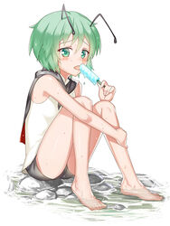  antennae bad_id bad_pixiv_id barefoot bobomaster commentary_request female food green_eyes green_hair petite photoshop_(medium) popsicle short_hair sitting soaking_feet solo touhou water wriggle_nightbug 