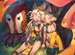  2girls animal animal_ears backless_outfit bare_shoulders black_gloves breasts cat_ears closed_eyes commentary dark-skinned_female dark_skin erune flower flower_wreath gloves granblue_fantasy hair_flower hair_ornament head_wreath kotoribako long_hair mask medium_breasts melleau multiple_girls nemone open_mouth sachy short_hair siblings sideboob sisters sleeping small_breasts thighhighs white_hair 